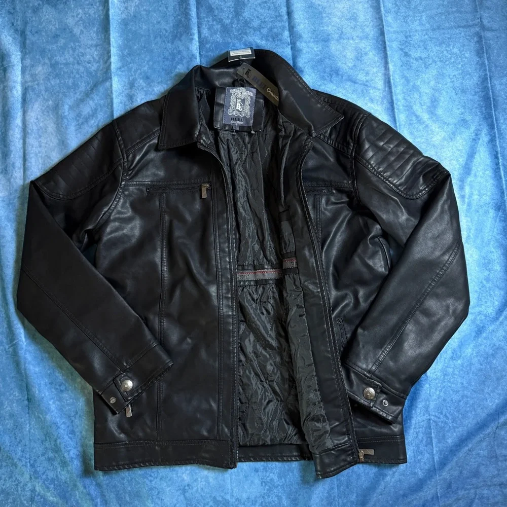 Bleu Grandeur Mens Black Faux Leather Moto Jacket HJ-828E NWT Large